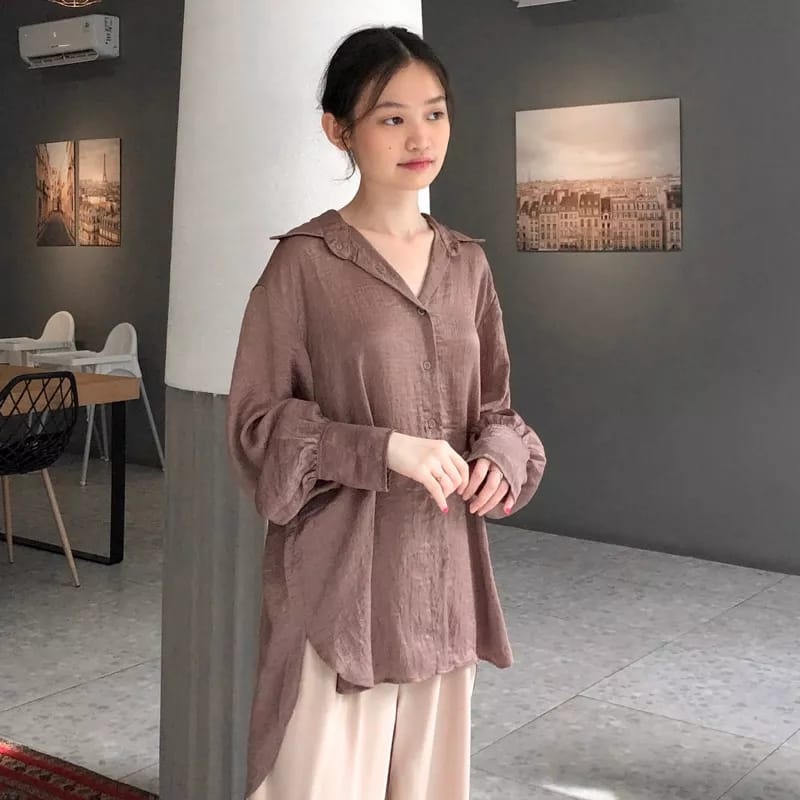 BEFAST - ZEC OOTD WANITA KEMEJA MAWAR / Lacey Top SATEEN SILK / Hem Oversize Lengan Panjang Terbaru / Fashion kekinian Remaja ABG / Kemeja Polos Formal / Outfit Daily Wanita Kerja Casual / Hem Bahan Sateen