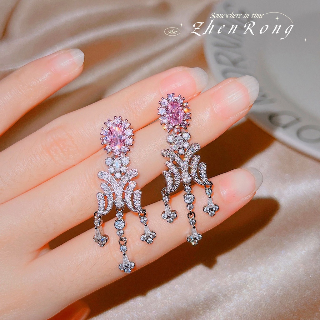 Goldkingdom Fashion Perhiasan Aksesoris Ready Stock Pink Berlian Sterling Silver Indah Rumbai Panjang Manis Keren Penuh Berlian Anting Untuk Wanita