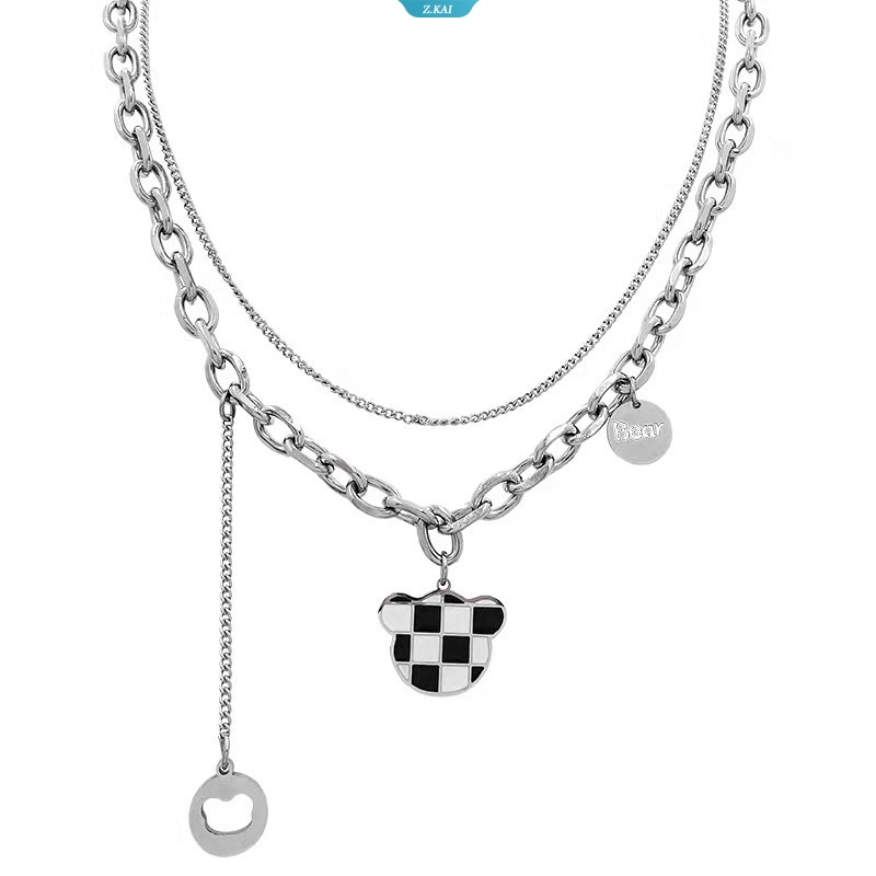 Kalung Beruang Kecil Motif Kotak Hitam Putih Choker Manis Keren Trend Checkerboard Kalung Untuk Wanita Kalung &amp; Liontin [ZK]