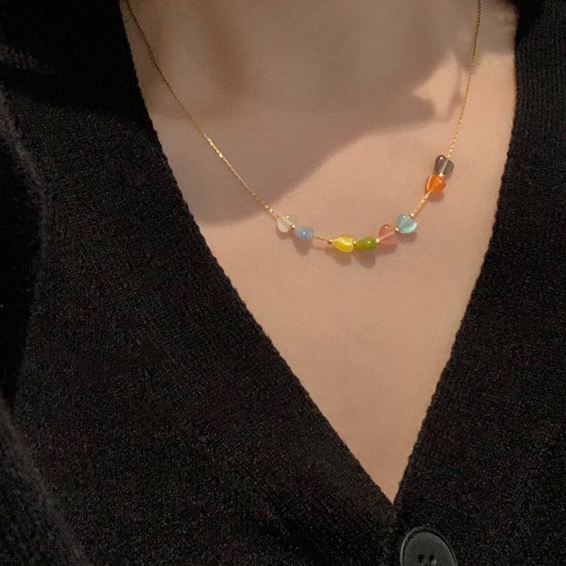 Kalung Liontin Cinta Warna-Warni Gadis Manis All-Match Handmade Gaya Baru Trendi Influencer Rantai Klavikula Kalung Necklace