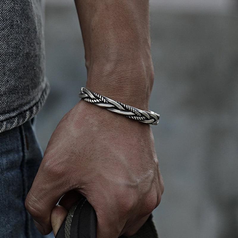 Retro Braided Twist Men Bracelet, Glossy Geometric Art Men Bracelet, Alloy Open Bracelet