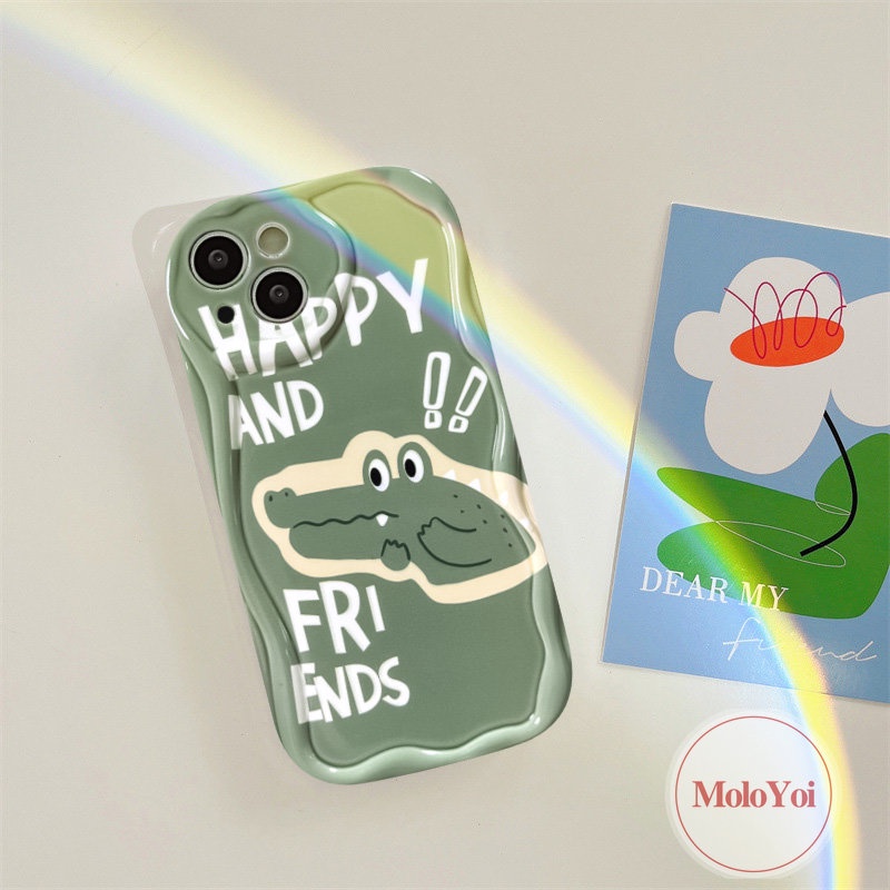 Kartun Lucu Hijau Crocodile Pasangan Shockproof Case Kompatibel Untuk IPhoneXR XS X Max8 7 6 6s Plus 11 12 14 13 Pro Max SE 2020 3D Wavy Curved Edge Soft Tup Cover