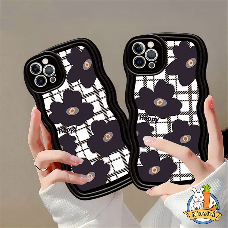 IPHONE Casing Kompatibel Untuk Iphone14 13 12 11 Pro Max X Xr Xs Max8 7 6 6s Plus SE 2020 Retro Hitam Camellia Bertekstur Tepi Gelombang Casing Ponsel Cakupan Penuh Perlindungan Lensa Shockproof Case