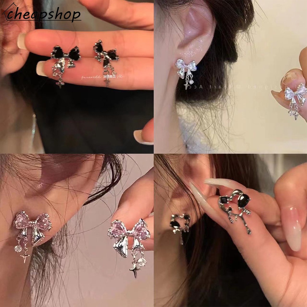 Ifyou Anting Tusuk Kupu-Kupu Hati Elegan Busur Zirkon Kristal Emas Perak Earring Untuk Aksesoris Perhiasan Wanita