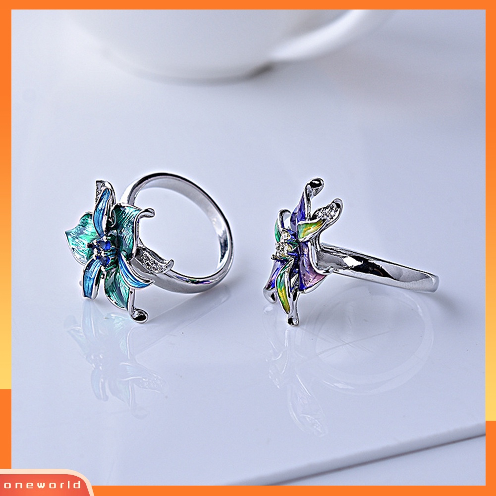 [ONE] Wanita Berlian Imitasi Bertatahkan Enamel Bunga Liontin Kalung Anting Cincin Perhiasan