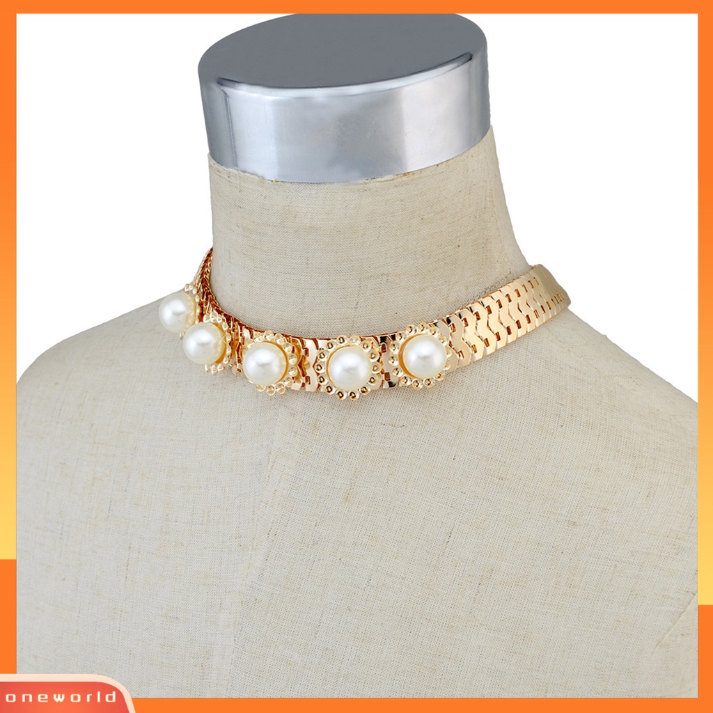 [ONE] Mutiara Imitasi Dekorasi Berlian Imitasi Wanita Kalung Alloy Adjustable Rantai Ular Kerah Kalung Perhiasan Aksesori