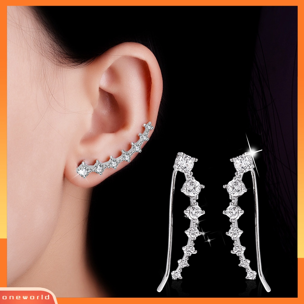 [ONE] 1pasang Ear Studs Sparkling Piercing Cubic Zirconia High Gloss Desain Satu Baris Berdandan Tahan Luntur Manset Telinga Fashion Stud Earrings Perhiasan Aksesori