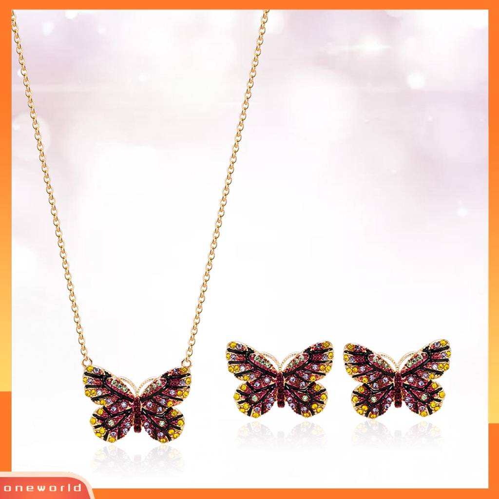 [ONE] 1set Set Perhiasan Bersinar Kupu-Kupu Berbentuk Temperamen Menarik Kilau Cerah Dekorasi Electroplating Lady Dress Leher Rantai Anting Wanita Aksesori