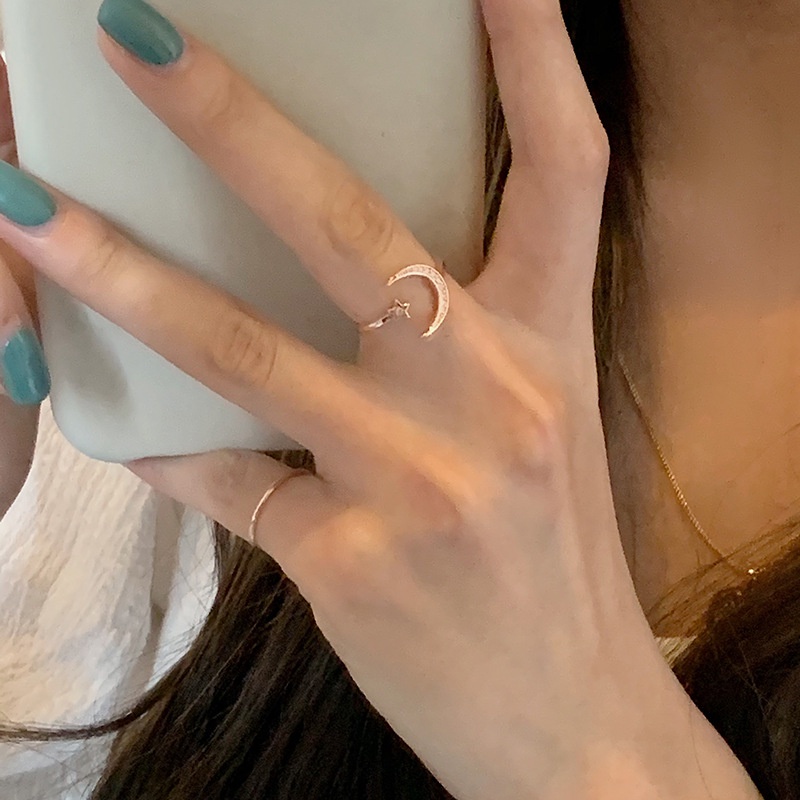 Cincin Zirkon Bulan Bintang Dongdaemun Korea Trendi Desain Niche Pembukaan Cincin Jari Telunjuk Yang Dapat Disesuaikan