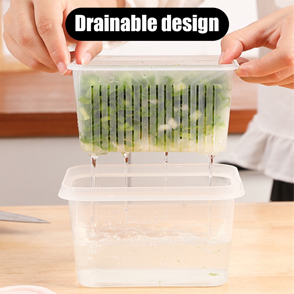 Double-layer Fresh-Keeping Drainage Case Wadah Penghemat Produksi Buah Sayuran Bumbu Dapur Kotak Penyimpanan Reusable Refrigerator Oragnizers Dengan Keranjang Saluran Yang Dapat Dilepas