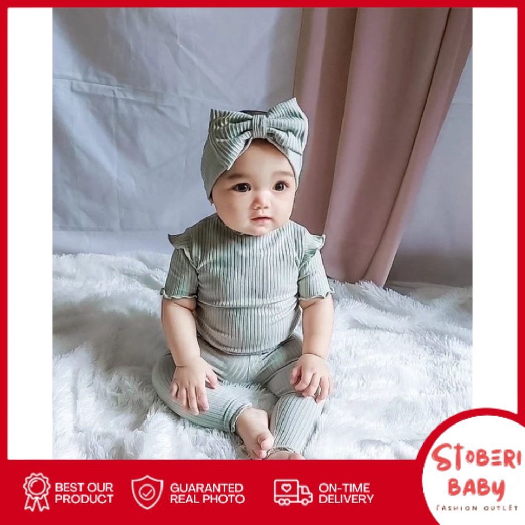 stoberi baby - BBB KYOMI setelan bayi newborn motif bunga polos lucu free headband pita