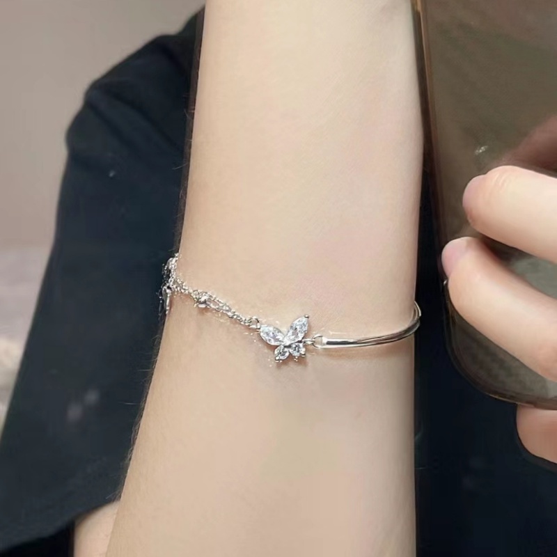 Kami Bunga Korea Indah Perak Rumbai Rantai Kupu-Kupu Pesona Gelang Untuk Wanita Gadis Romantis Pergelangan Tangan Rantai Bangle Bracelets Perhiasan Aksesoris