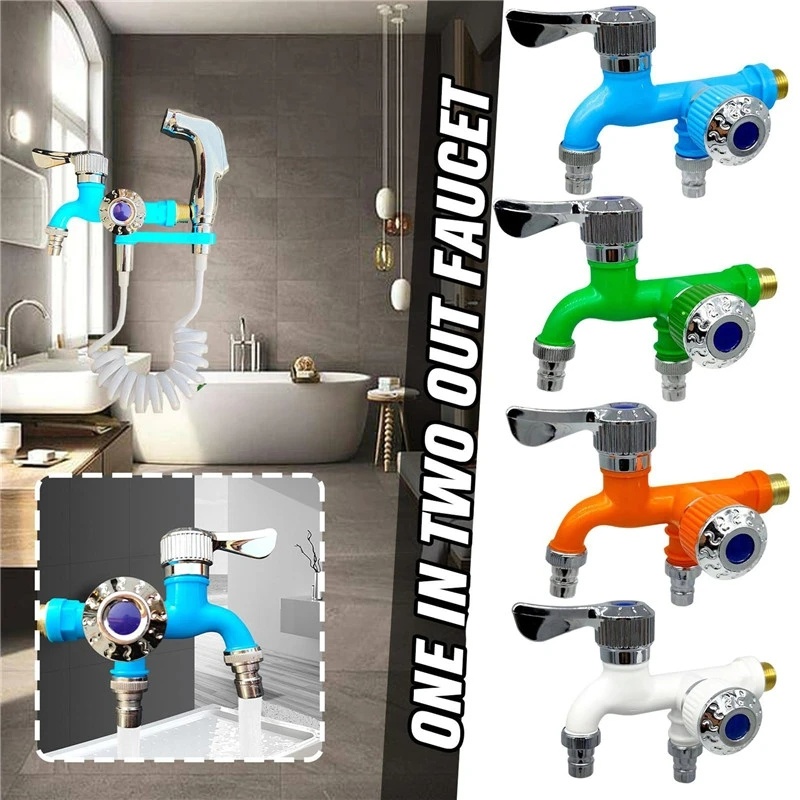 Stop Kontak Air Ganda Yang Dipasang Di Dinding Bibcocks Antarmuka Universal Kran Plastik Dual Control Double Outlet Keran Air Selang Kamar Mandi Irigasi Quick Connector Double Handle Water Tap