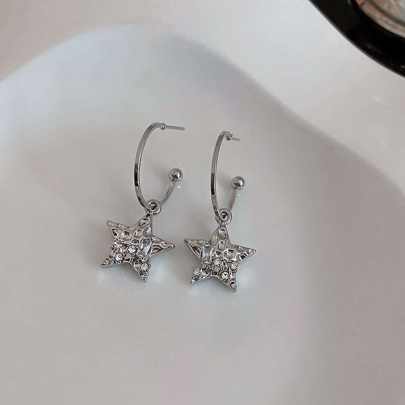 Y2k Fashion Sederhana Warna Perak Shiny Pentagram Menjuntai Anting-Anting Wanita Gadis Indah Minimalis Berujung Lima Bintang Drop Anting-Anting Perhiasan