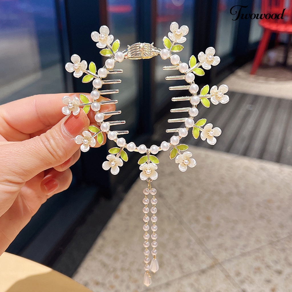 Twowood Lady Ponytail Claw Flower Decor Multi Teeth Rumbai Mutiara Imitasi Stainless Hiasan Rambut Ringan Pengantin Hair Bun Hair Card Aksesoris Rambut