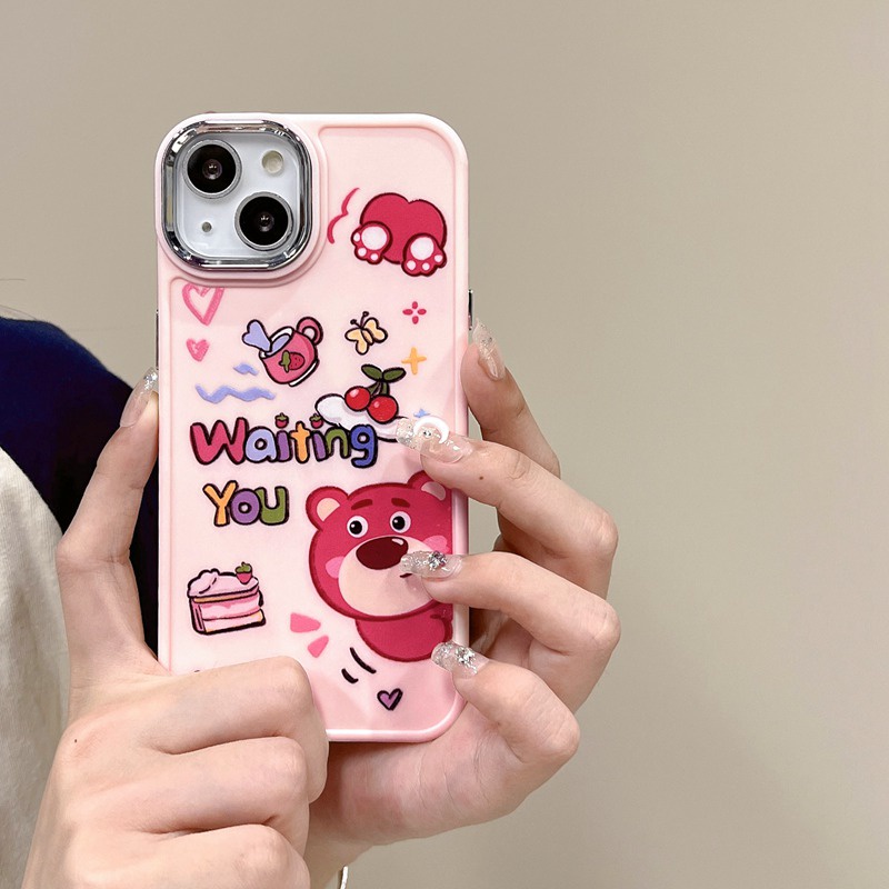 All New Electroplated Camera Skin Silicone Soft Case IPhone 11 12 13 14 Pro Max Women's Fashion Gift Cute Cartoon Phone Case Strawberry Bear Lotso