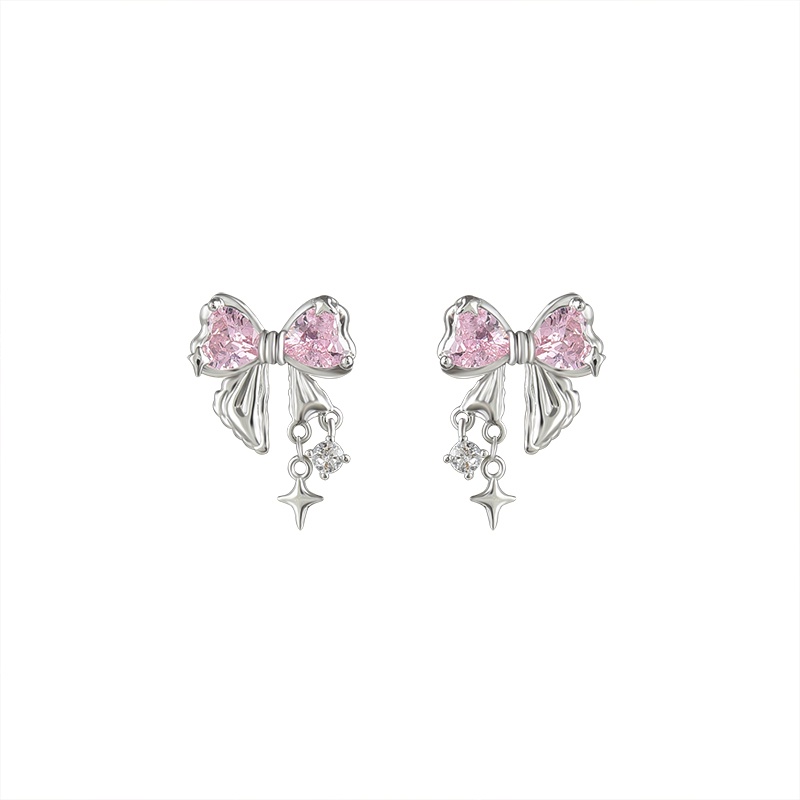 Ay(cn) Anting Zirkon Busur Hati Elegan Untuk Wanita Kristal Perak Stud Earring Perhiasan Aksesoris