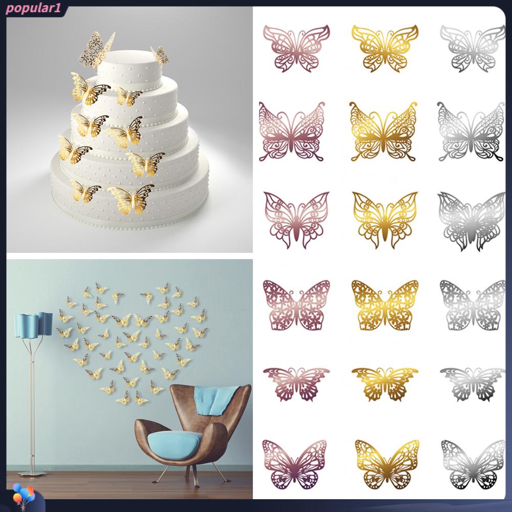 Populer 12PCS /Pack Stiker Kupu-Kupu 3D Hadiah Dekorasi Rumah Tekstur Logam Wall Art