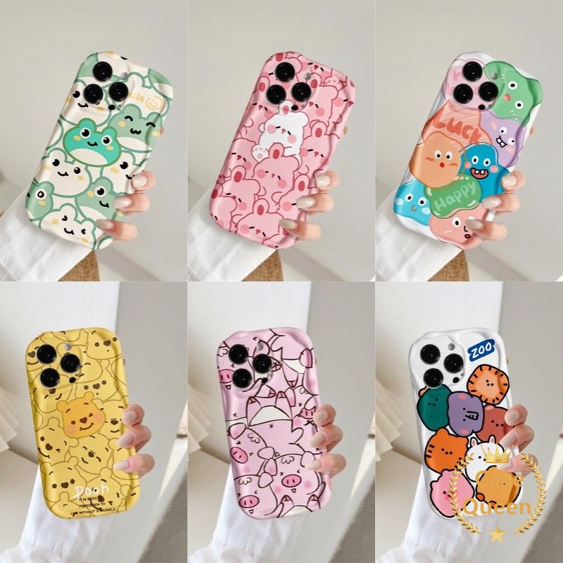 IPHONE Cute Frog Winnie The Pooh Kelinci Babi 3D Wavy Curved Edge Case Kompatibel Untuk Iphone7 8 6 6S Plus 11 13 14 12 Pro MAX XR X XS MAX SE 2020 7Plus Graffiti Penutup Monster Hewan Kecil