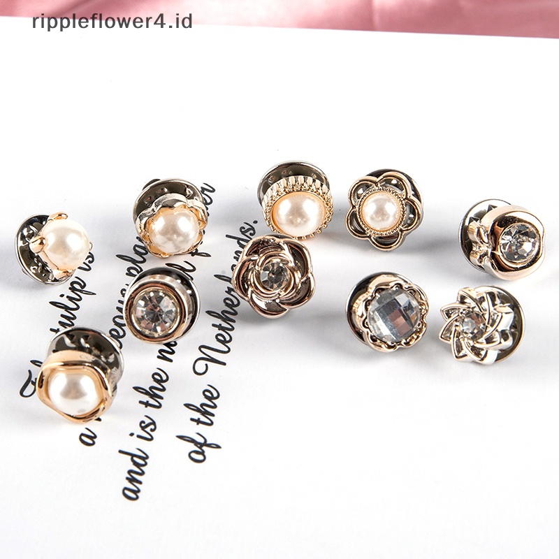 {rippleflower4.id} 10pcs Button Brooch Set Fashion Mutiara Berlian Imitasi Pin Mantel Aksesoris Baju~