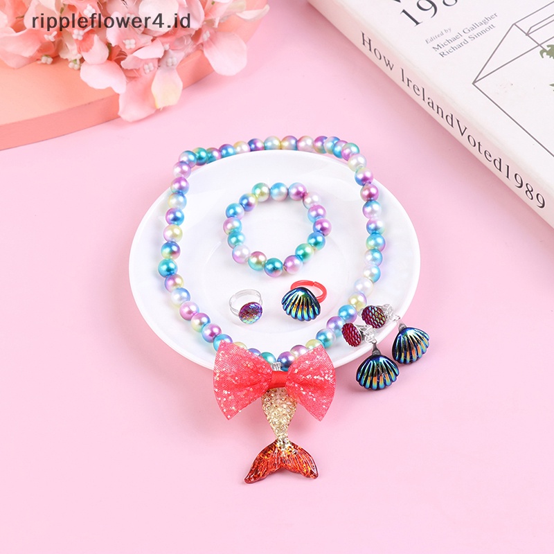 {rippleflower4.id} 1set Bayi Perempuan Manik-Manik Kalung Set Mermaid Ekor Liontin Anak Kids Adjustable Indah Kalung Pesona Perhiasan Hadiah~