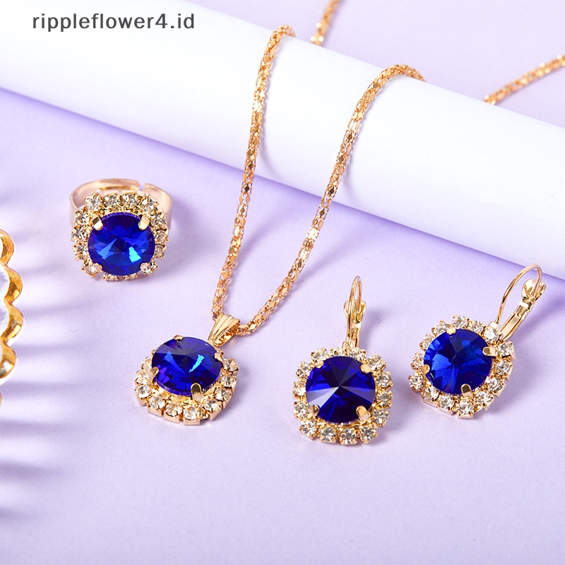 {rippleflower4.id} 1set Kalung Anting Cincin Kristal Bulat Set Fashion Korea Style Crystal Claw Chain Multicolor Set Perhiasan Untuk Wanita Hadiah~