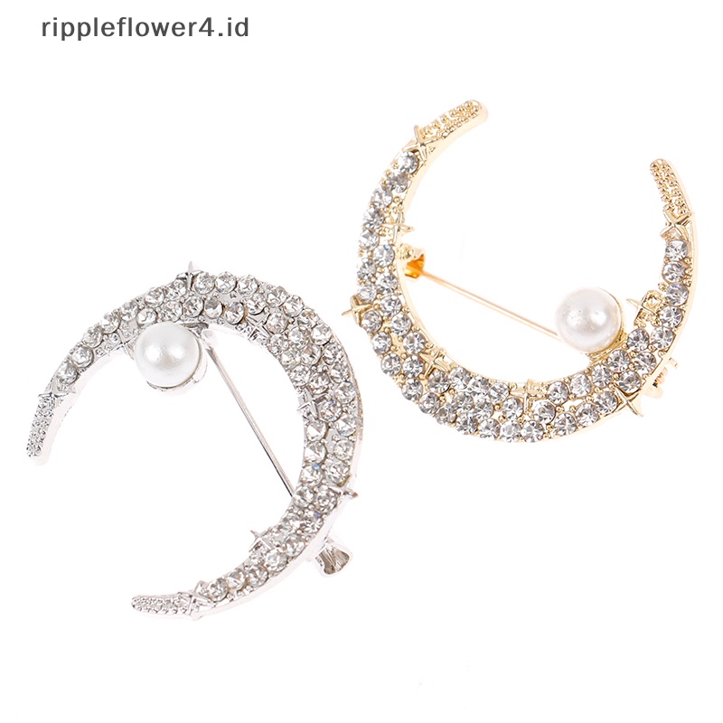 {rippleflower4.id} Mutiara Berlian Imitasi Bulan Bros Wanita Pernikahan Kantor Bros Pin Hadiah Aksesoris~