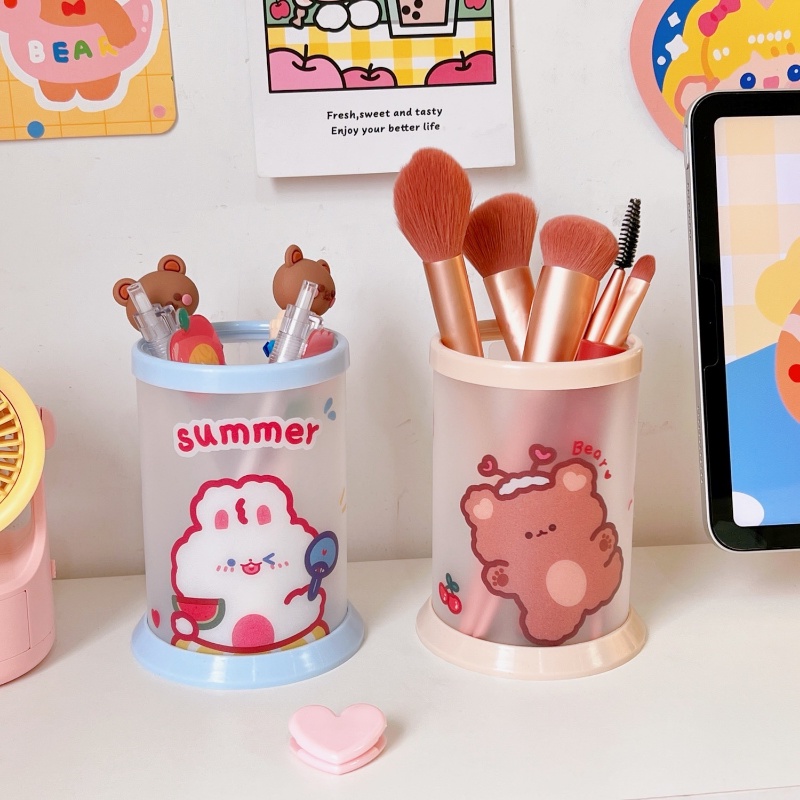 Creative Cartoon Series PP Translucent Round Pen Holder/ Desktop Storage Wadah Pensil Alat Tulis/ Kotak Penyimpanan Brushes Kosmetik Serbaguna