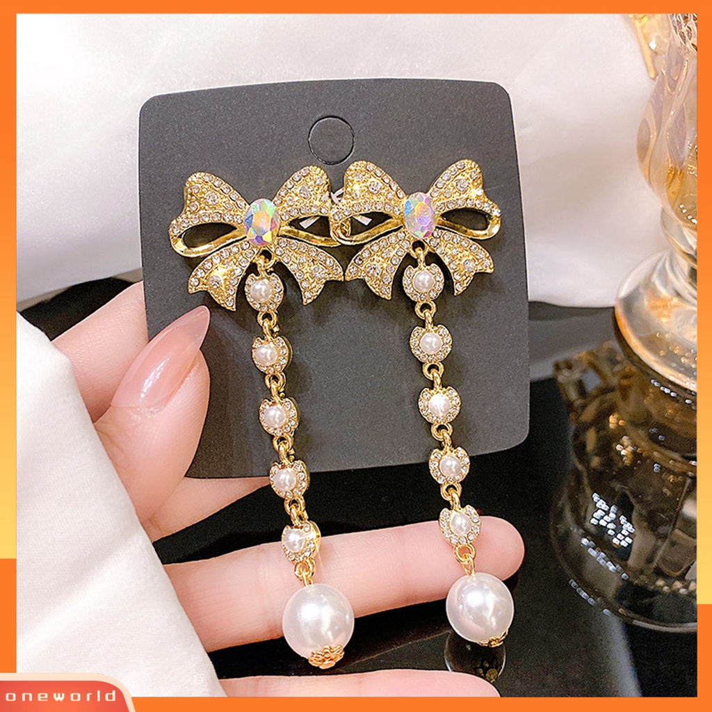 [WOD] 1pasang Anting Wanita Berlian Imitasi Mutiara Aksesori Panjang Lady Drop Earrings Untuk Pesta