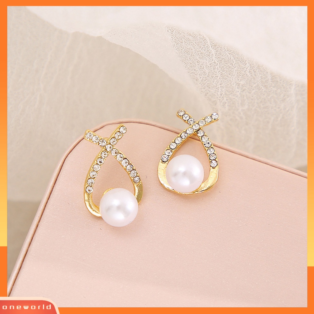 [WOD] 1pasang Anting Wanita Gaya Perancis Retro Elegan Berlapis Emas Hypoallergenic Hadiah Fashion Perhiasan High Gloss Faux Pearl Cross Ladies Earrings Untuk Pesta