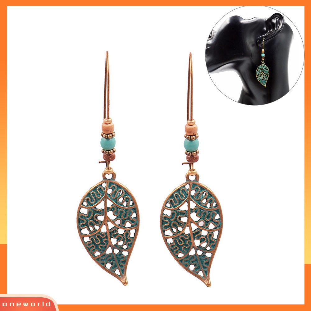 [WOD] Retro Berongga Daun Liontin Imitasi Pirus Manik-Manik Anting Wanita Pernyataan Perhiasan