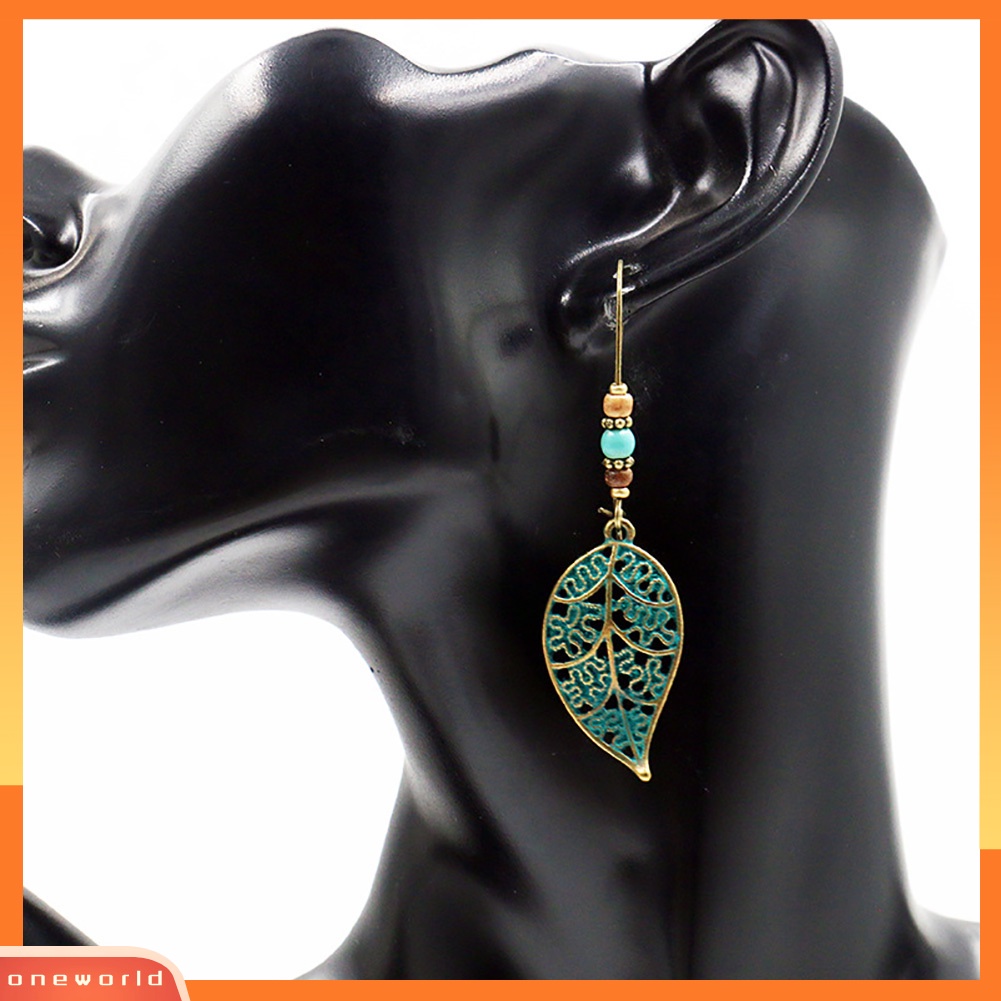 [WOD] Retro Berongga Daun Liontin Imitasi Pirus Manik-Manik Anting Wanita Pernyataan Perhiasan