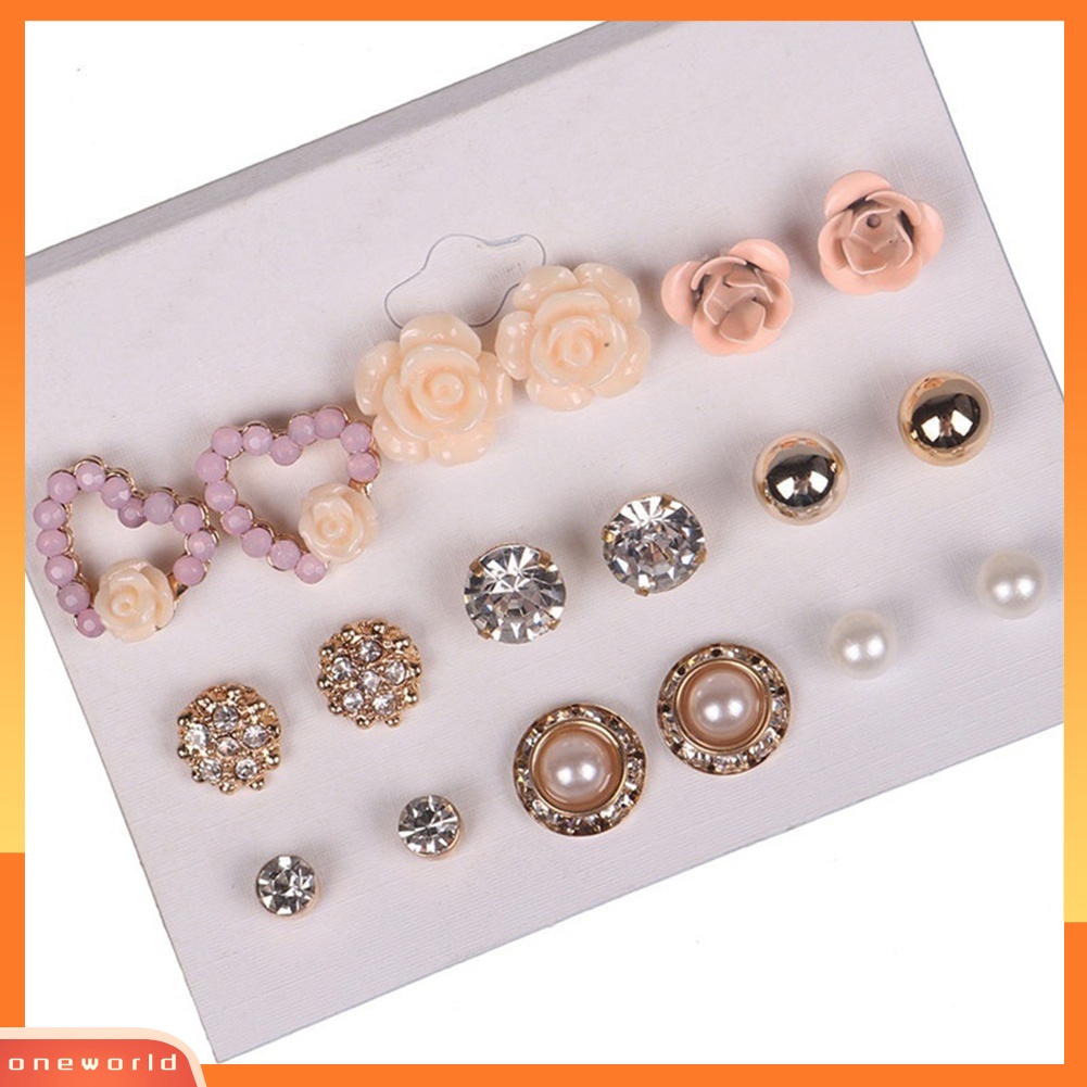 [WOD] 9pasang Berlian Imitasi Mutiara Imitasi Mawar Cinta Hati Pesona Stud Anting Perhiasan Fashion