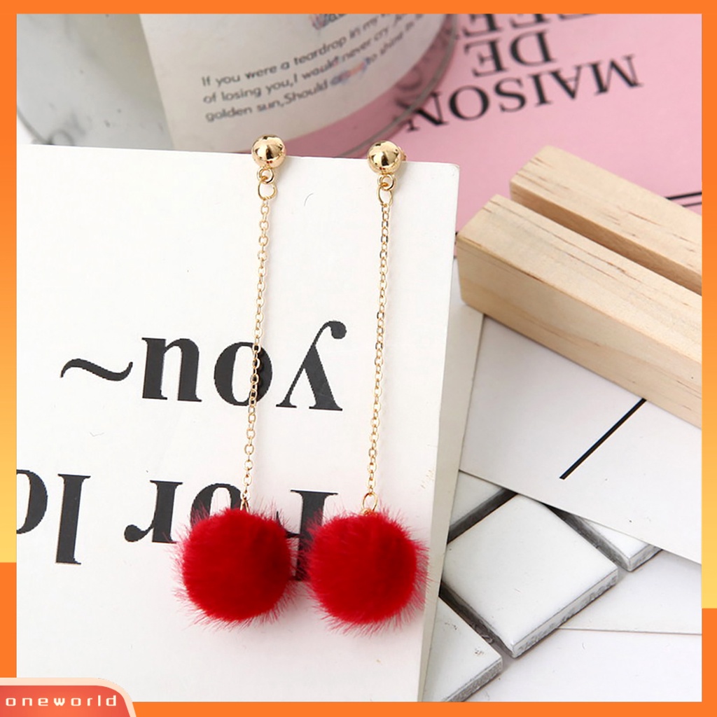 [WOD] 1pasang Anting Wanita Perhiasan Fashion Ringan 5warna Fluffy Ball Anting Menjuntai Panjang Untuk Cocktail