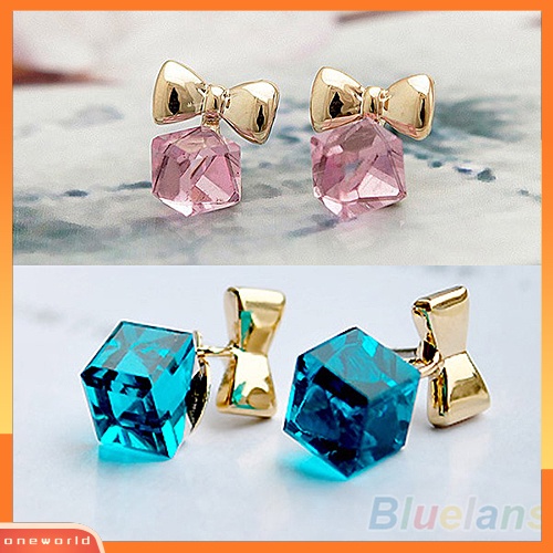 [WOD] Wanita Kilau Chic Ikatan Simpul Shiny Cube Berlian Imitasi Telinga Studs Lucu Menjuntai Anting-Anting