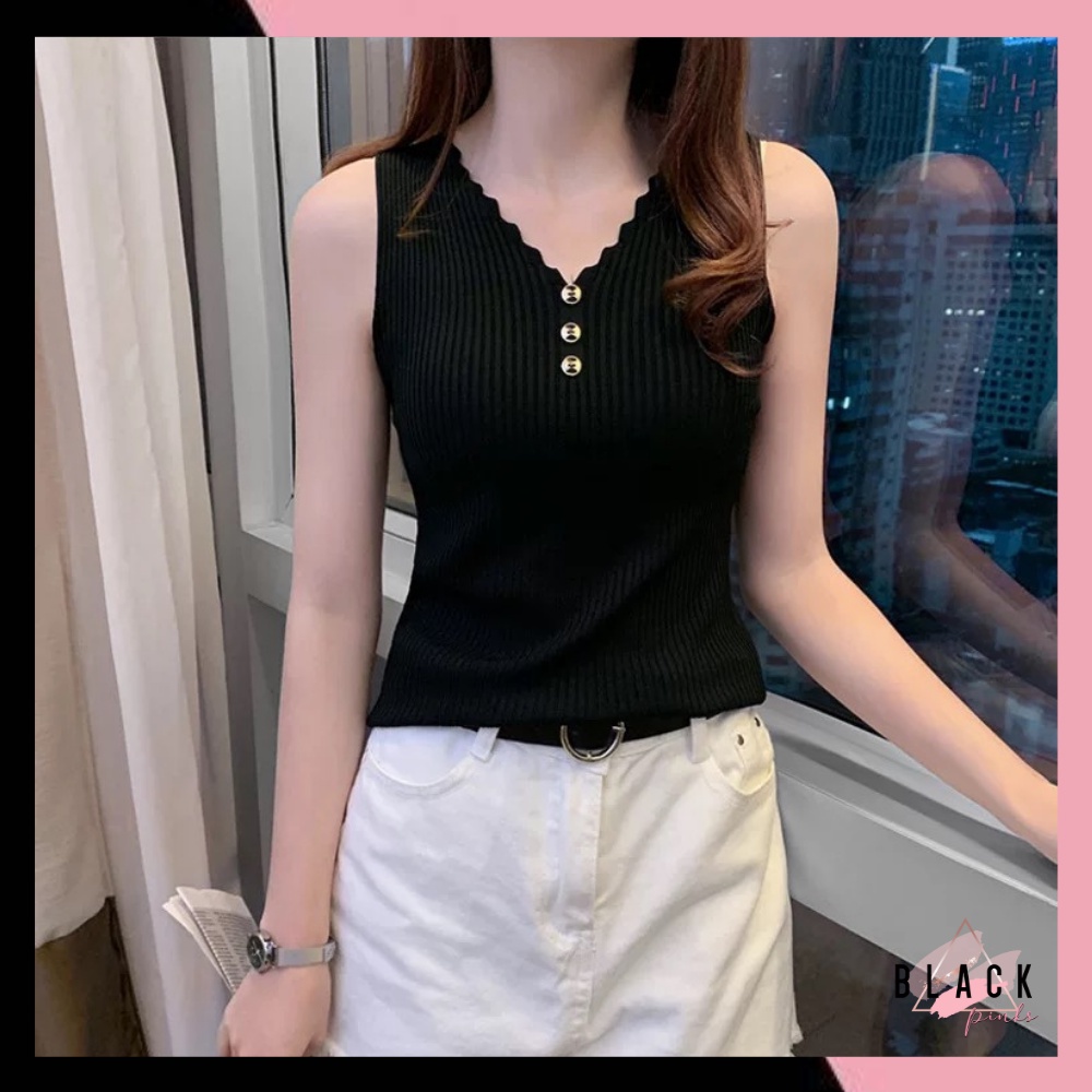 Blackpink Tanktop Fashion Rajut Wanita V-Neck Tanpa Lengan Atasan Wanita Premium Import 1269