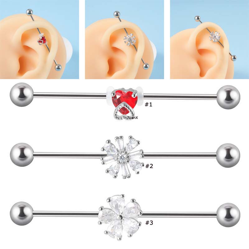 1biji Anting Barbel Industri Merah Hati Bentuk Bunga Stainless Steel 16Gauge Piercing Stud Unisex