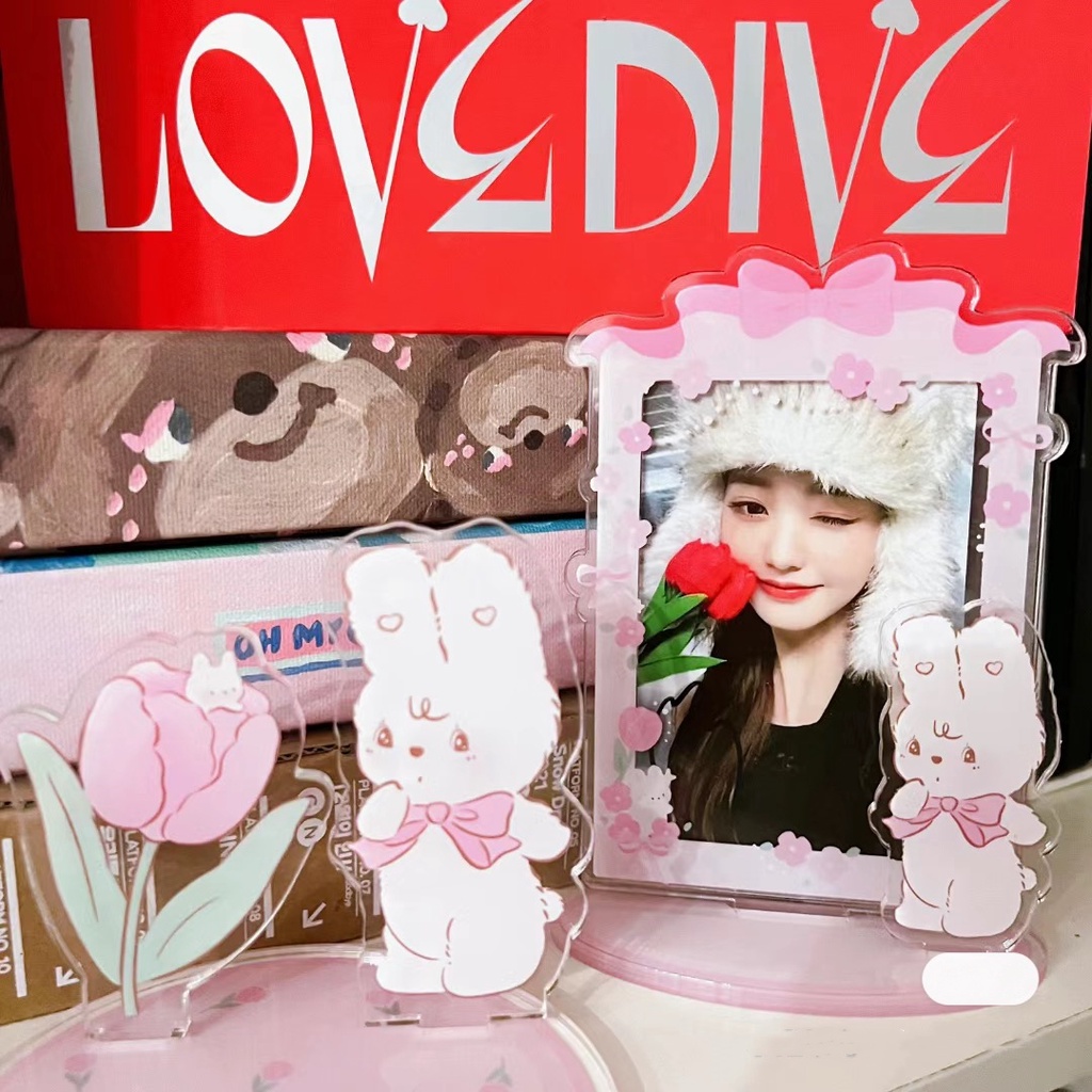 Pink Jenny Rabbit Card Holder 3inch Frame Foto Akrilik Untuk idol Photocard Desktop Decor Frame Pajangan Penyimpanan Kartu Lucu