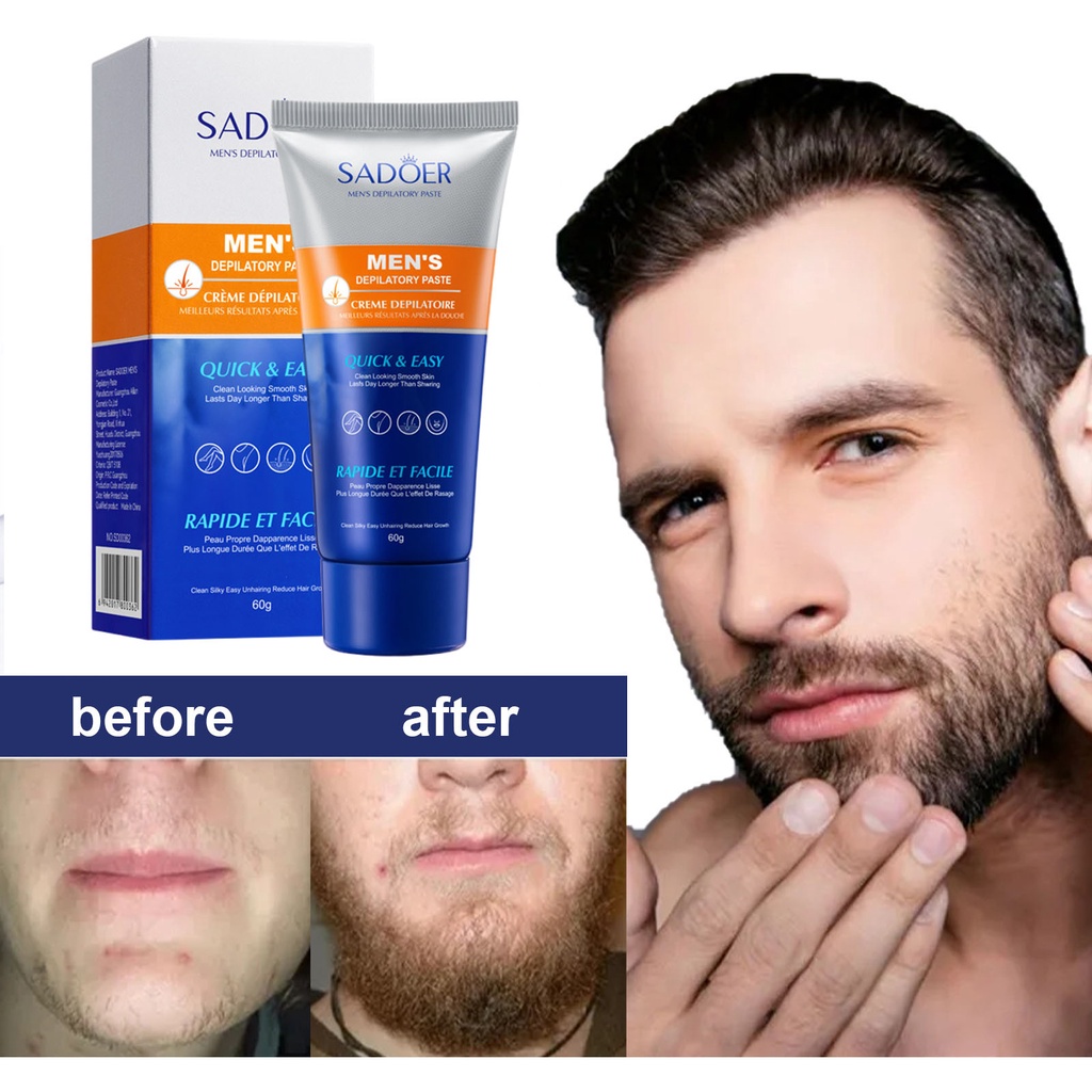 Cream Penghilang Bulu Jenggot Pria Krim Perontok Bulu Brewok Permanen Men's Hair Removal Cream-60Gr