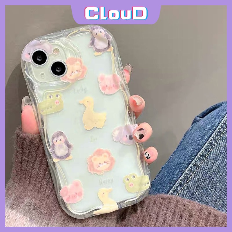 IPHONE Casing Ponsel Kompatibel Untuk Iphone13 11 14 12 Pro Max XR 7Plus 6 7 8 6s Plus X XS Max SE 2020 3D Wavy Curved Edge Cute Rabbit Pig Frog Kartun Hewan Kecil Bebek Beruang Soft Tpu Case