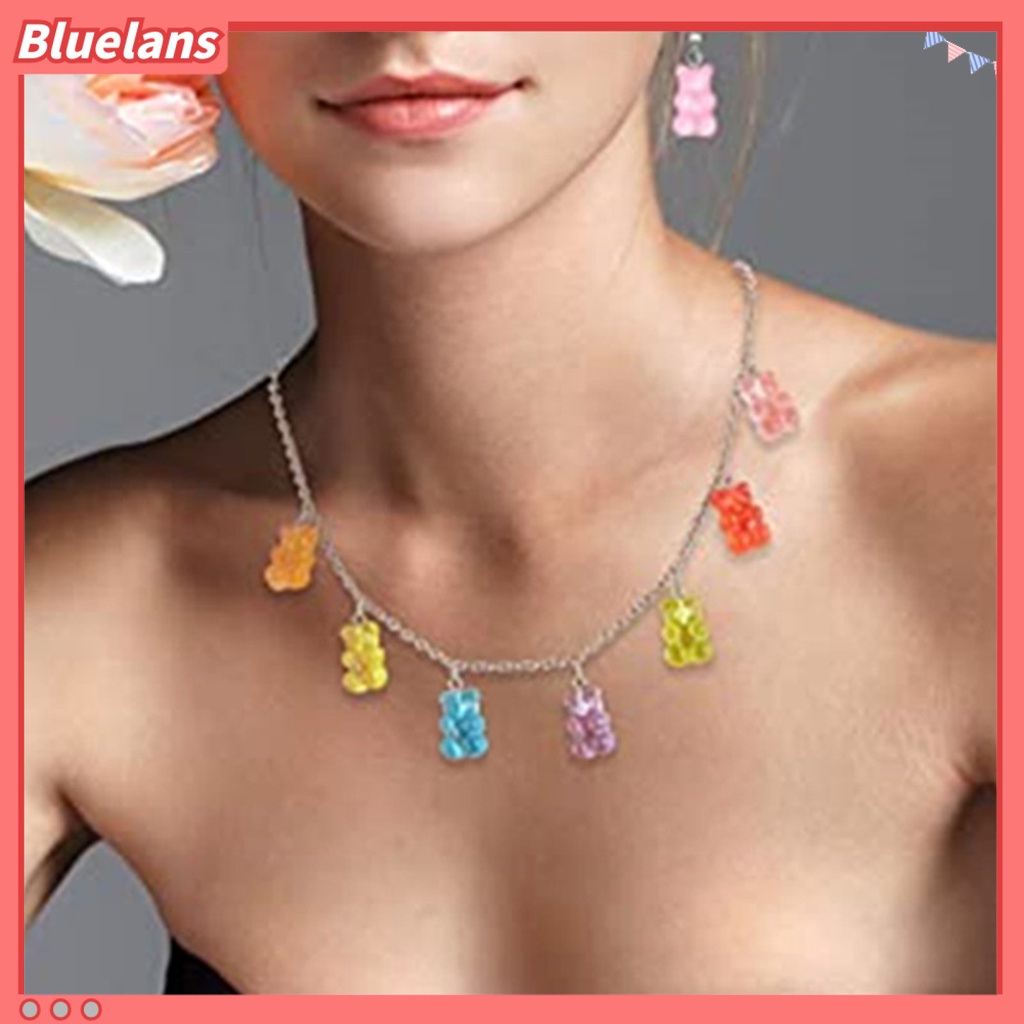 [BLS] Liontin Kalung Indah Kepribadian Logam Geometris All-match Anti-Alergi Dekorasi Resin Permen Warna Kartun Beruang Wanita Kalung Perhiasan Aksesori