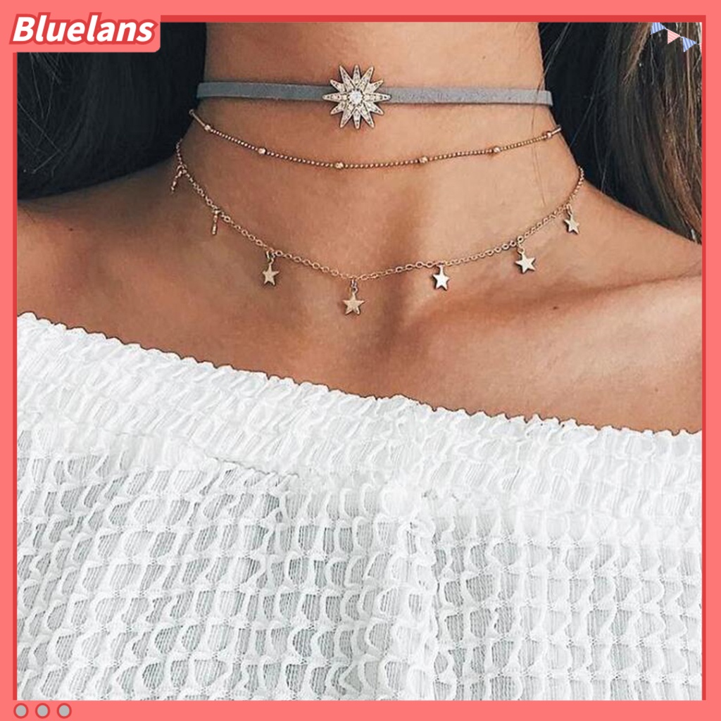 [BLS] 3 Pcs Wanita Kalung 3lapis Matahari Bintang Perhiasan Berlian Imitasi Bersinar Choker Kalung Untuk Pesta Pernikahan Perjamuan Prom