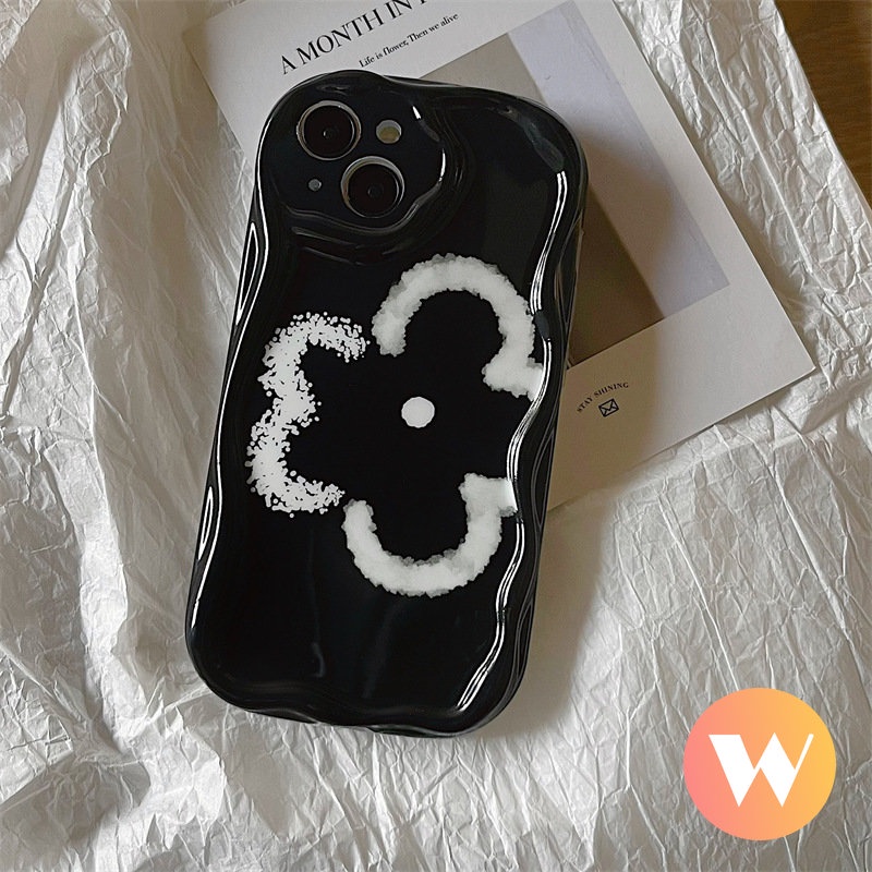 Casing Tepi Melengkung Bergelombang 3D Kompatibel Untuk IPhone 7Plus 8Plus 14 12 13 Pro Max 6s 6 7 8 Plus X XS Max SE 2020 11 Pro Max XR Art Retro Black Fresh Flowers Glossy Shockproof Soft Cover