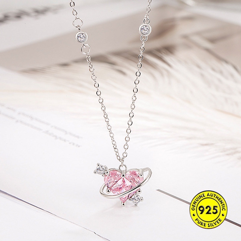 S925 Perak Pink Berlian Love Kalung Cahaya Mewah Manis Pink Planet Ornamen U1753