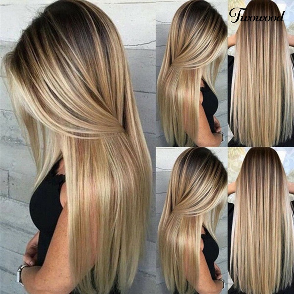 Twowood Long Wig Super Long Belah Tengah High Gloss Serat Suhu Tinggi Rambut Sintetis Golden Lurus Wig Untuk Perjamuan