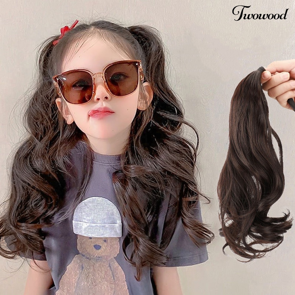 Twowood Hair Extension Breathable Mesh Hole Anti-Slip Fluffy Natural Look Tie Ponytail Serat Suhu Tinggi Anak Perempuan Panjang Sedang Curly Hair Extension Penggunaan Sehari-Hari