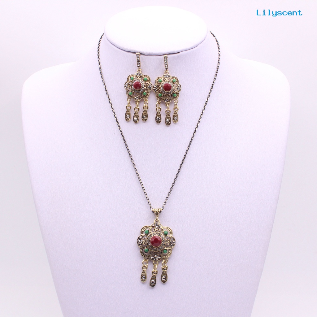 [LS]1 Set Wanita Kalung Gaya Etnik Berlian Imitasi Berongga Tetesan Air Jumbai Bohemian Retro Klavikula Kalung Stud Anting Kit Fashion Perhiasan