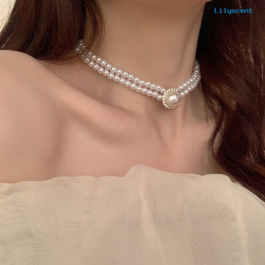 [LS]1 Set Kalung Pengantin Gaya Perancis Vintage Temperamen Double Layer Elegan Hadiah Hypoallergenic High Gloss Mutiara Imitasi Anting Cincin Perhiasan Pernikahan