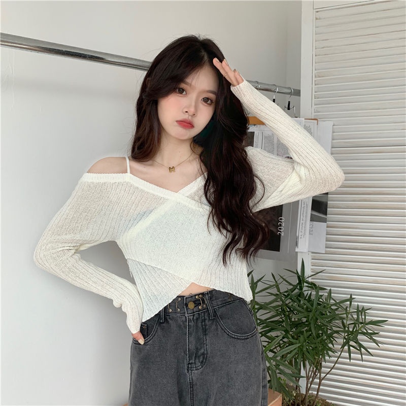 Atasan Wanita Off Shoulder Rajut Polos Lengan Panjang Casual Top