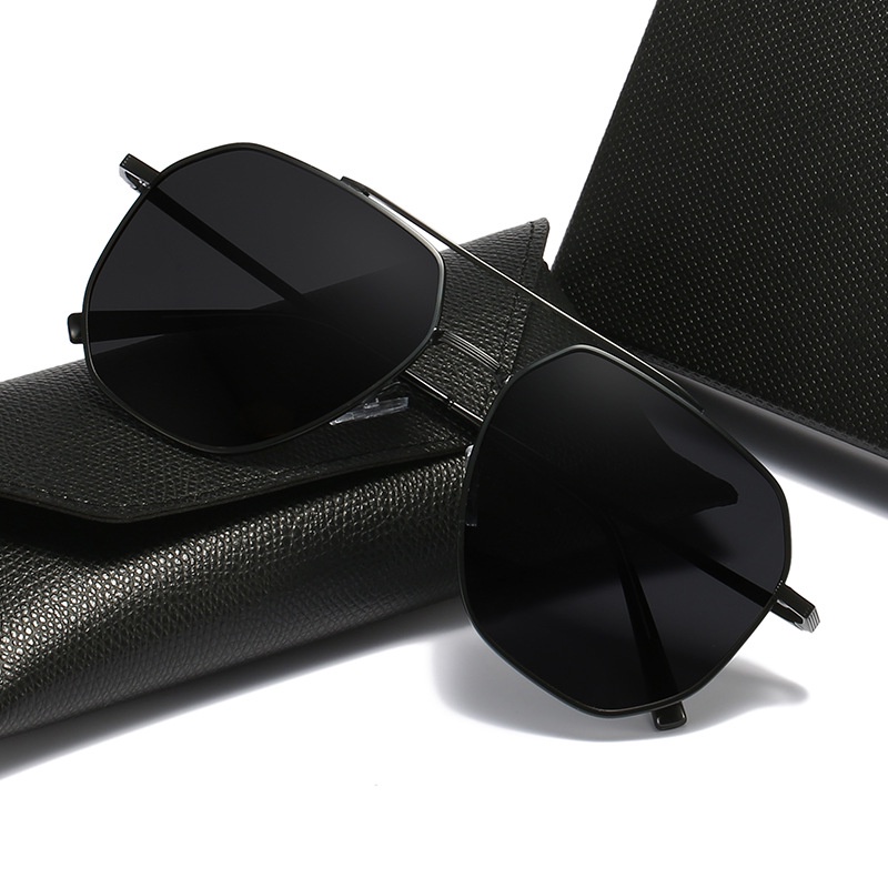 (YUZHU) Vintage Fashion Logam Double Beam Polarized Sunglasses Anti UV Mengemudi Kacamata Hitam Pria